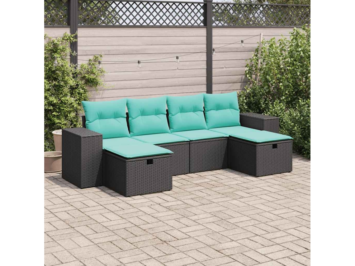 Vidaxl 6 Pcs Conjunto Sofás De Jardim C/ Almofadões Vime Pe Preto