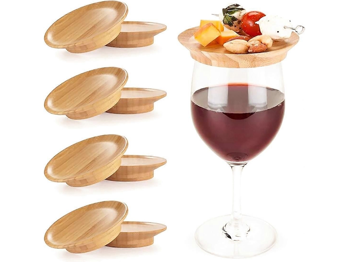 Tampas Reutilizáveis De Bambu Para Taça De Vinho Com Prato De Queijos, Conjunto De 4 Peças, 4 Polegadas