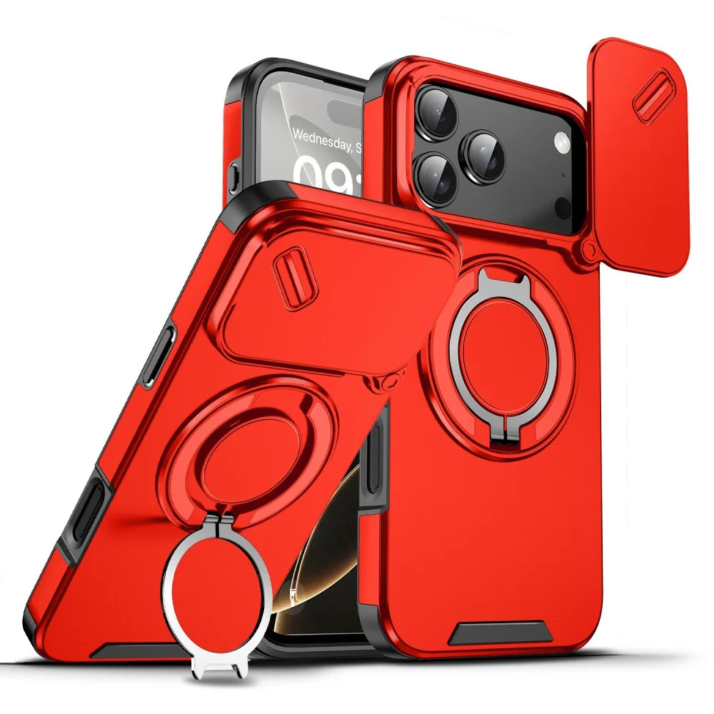 (vermelho 16plus) Capa Para Celular Com Suporte Magnético E Anel De Proteção Deslizante Para Câmera