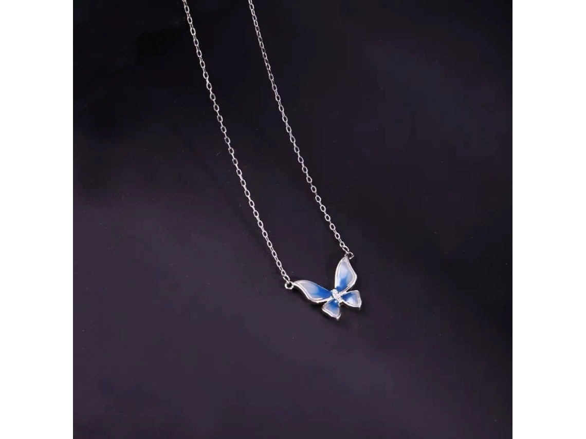 Colar em Prata S925 com Banho de Ouro Branco e Detalhes Vazados em Esmalte Azul Degradê e Borboletas, um Presente Luxuoso. MDUG