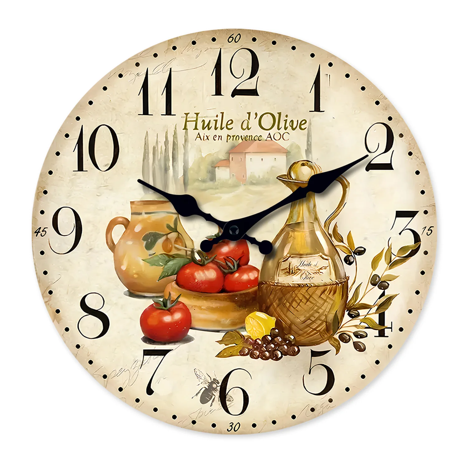 Relógio de parede provençal vintage (40 cm) em madeira com almofada de óleo e tomate, relógio de quartzo silencioso