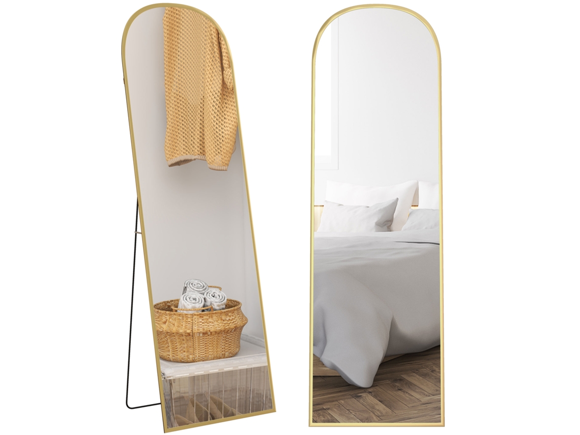 Espelho de Pé Retangular Arredondado com Moldura de Alumínio com Suporte para o Quarto de Entrada, 50 X 161,5 Cm Dourado Ge