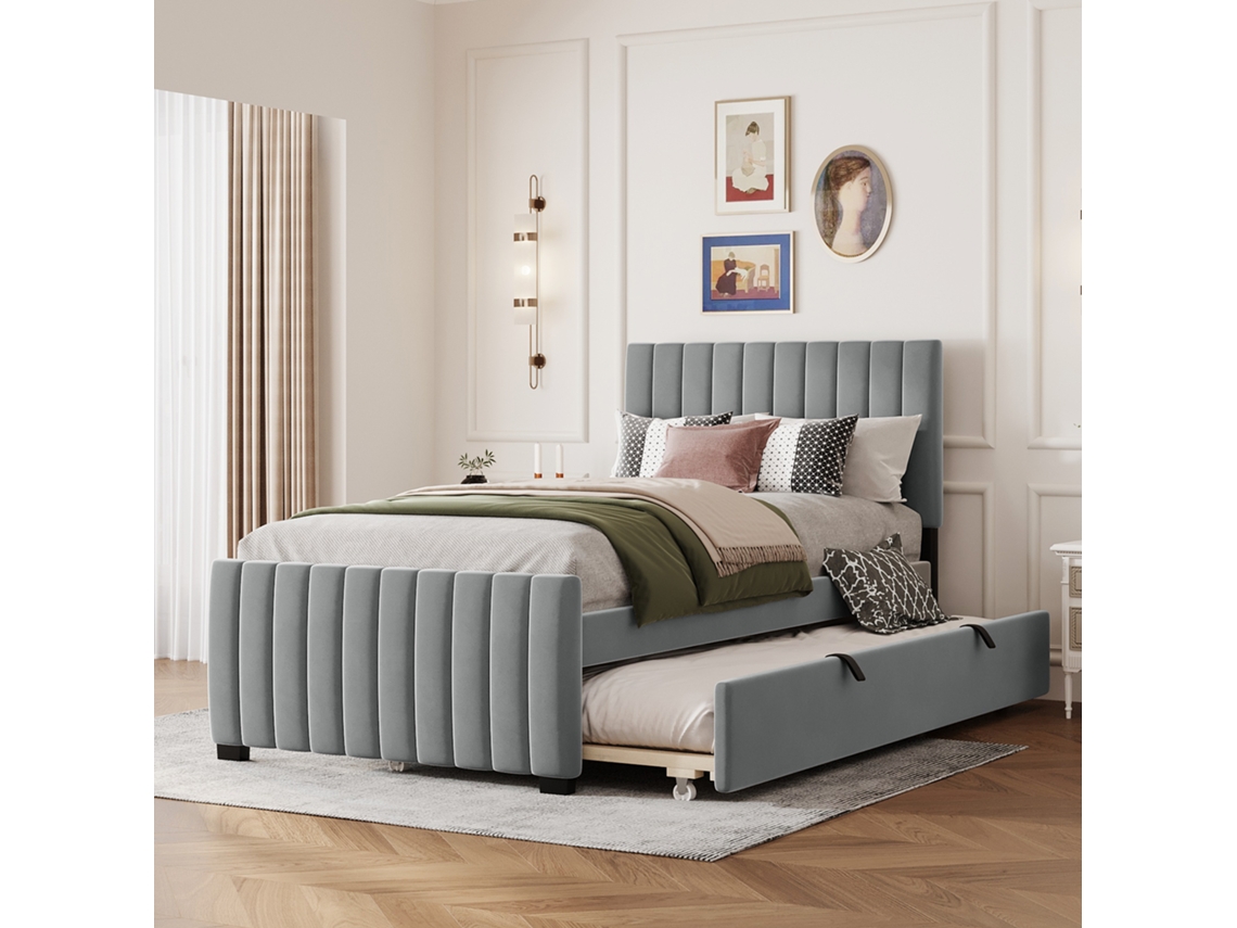 Cama Estofada 90x190 Cinza Com Cama Auxiliar