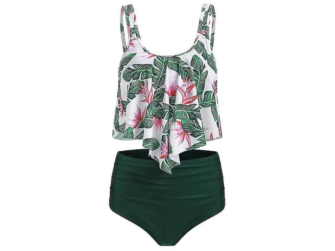 Traje de Banho Tankini com Babados e Cintura Alta, Poliester com Enchimento