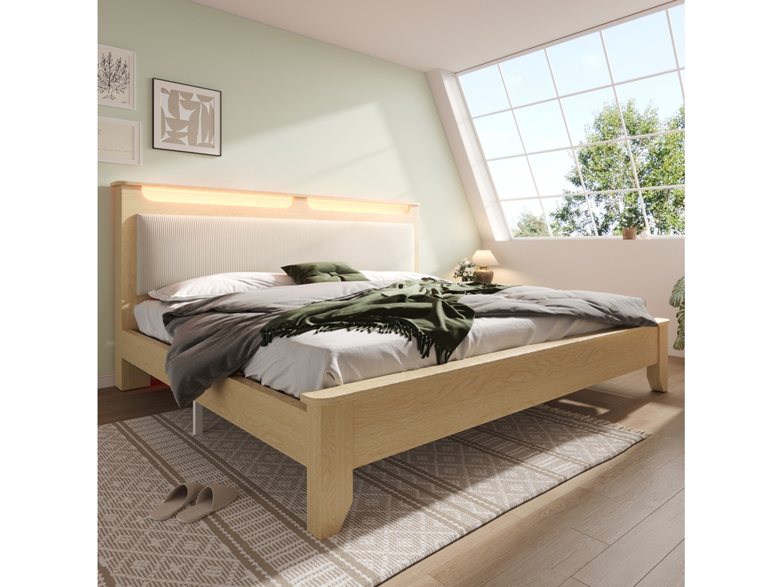 Cama De Casal 140×200cm Com Armário Led E Apoio Em Corda Bege