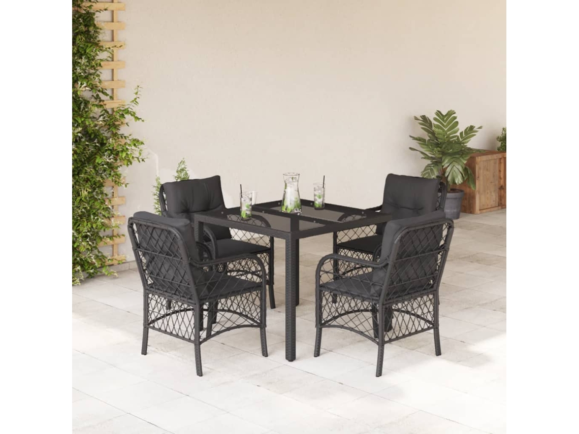 5 Pcs Conjunto De Jantar P/ Jardim C/ Almofadões Vime Pe Preto Dkd Home Decor