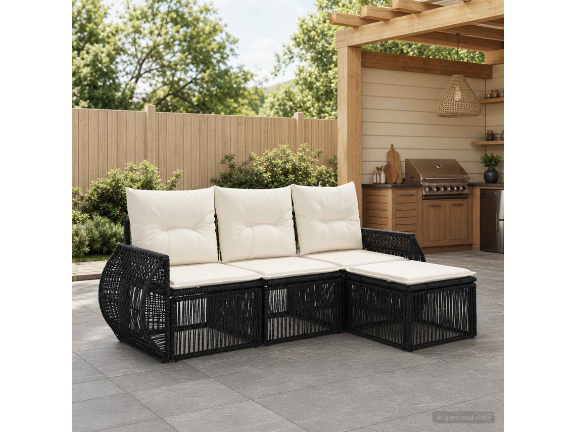 Vidaxl Conjunto De Sofá De Jardim 4 Pcs Preto E Branco Creme Vime Pe
