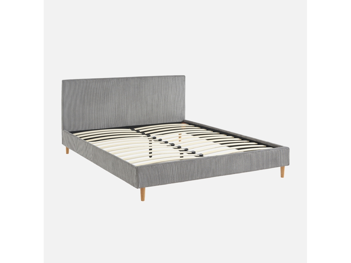 Cama Com Cabeceira Base Ripas Canelado Sweeek Veludo Cinzento (89x167x211)