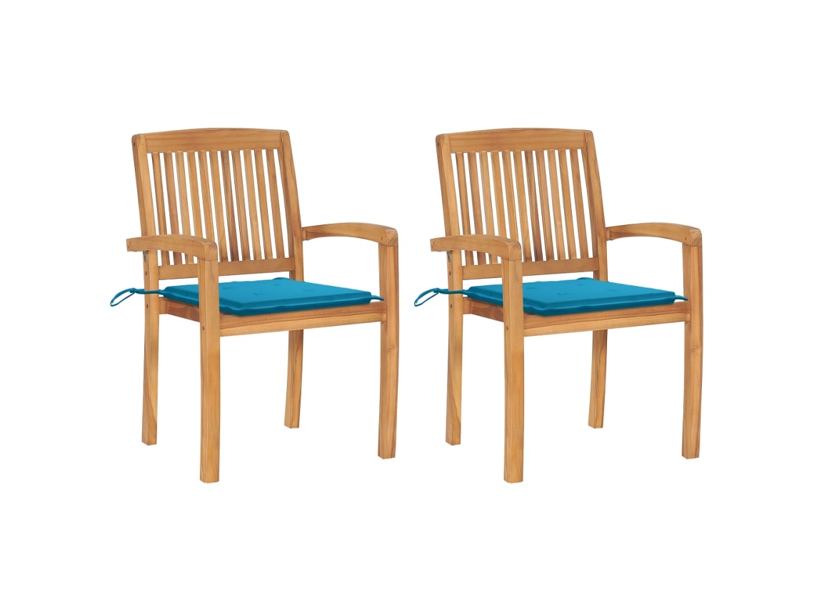 Vidaxl Cadeiras De Jardim C/ Almofadões Azuis 2 Pcs Teca Maciça