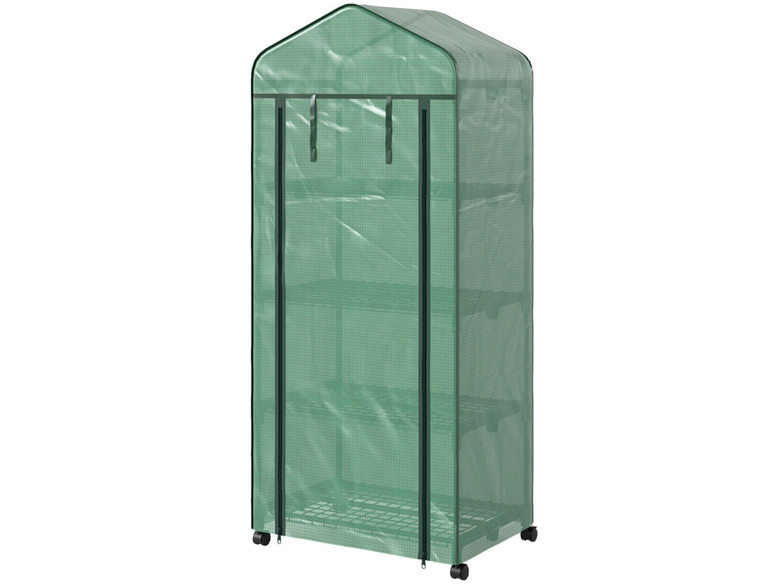 Estufa De Exterior Com 4 Prateleiras E Rodas Porta Enrolável Estrutura Em Aço E Cobertura De Pe 140g/ Anti-uv 69x50x165 Cm Verde