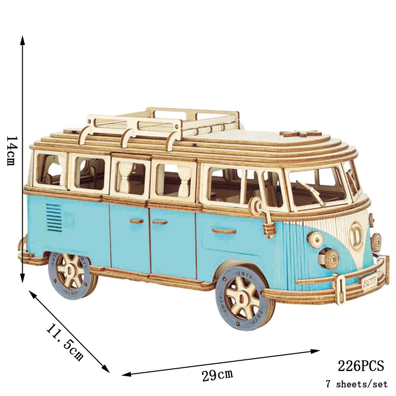 Quebra cabeça 3d de Madeira em Madeira, Modelo para Montar: Ônibus Retrô Ou Autocaravana Europeia MDUG (autocaravana Azul)