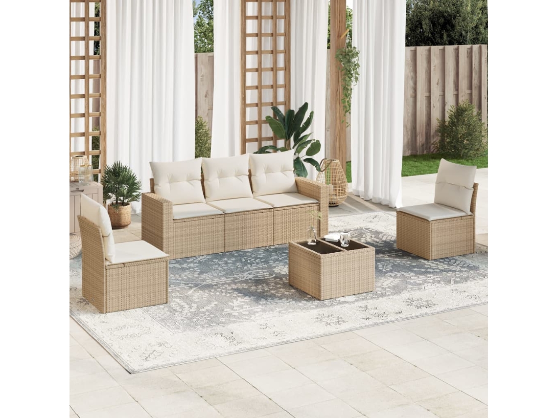 Vidaxl 6 Pcs Conjunto De Sofás P/ Jardim Com Almofadões Vime Pe Bege