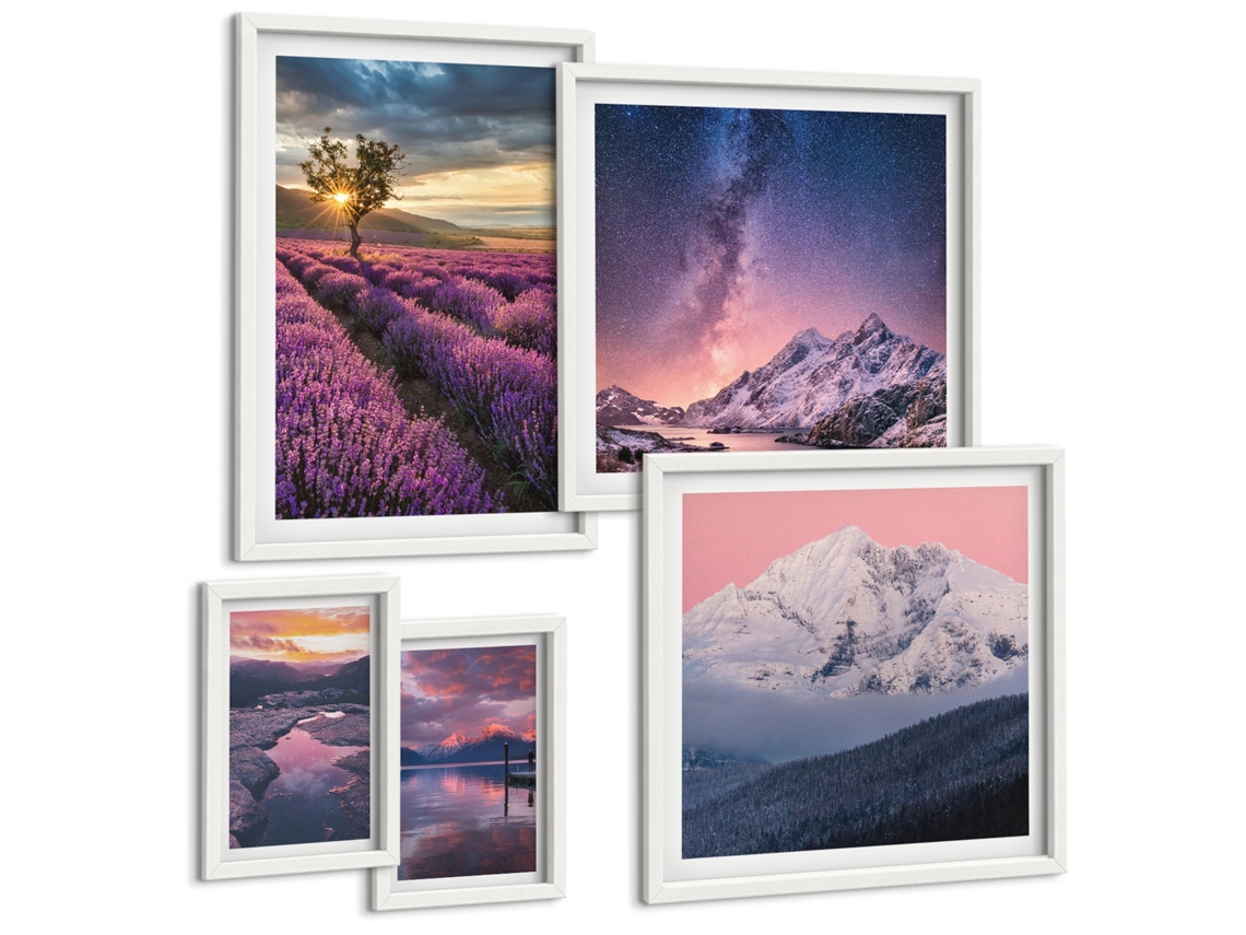 Quadros Decorativos Para Parede Cidade Noturna, Luzes De Néon Moldura Branca Quadros Para A Sala De Estar Espelharte (conjunto De 5 Imagens)