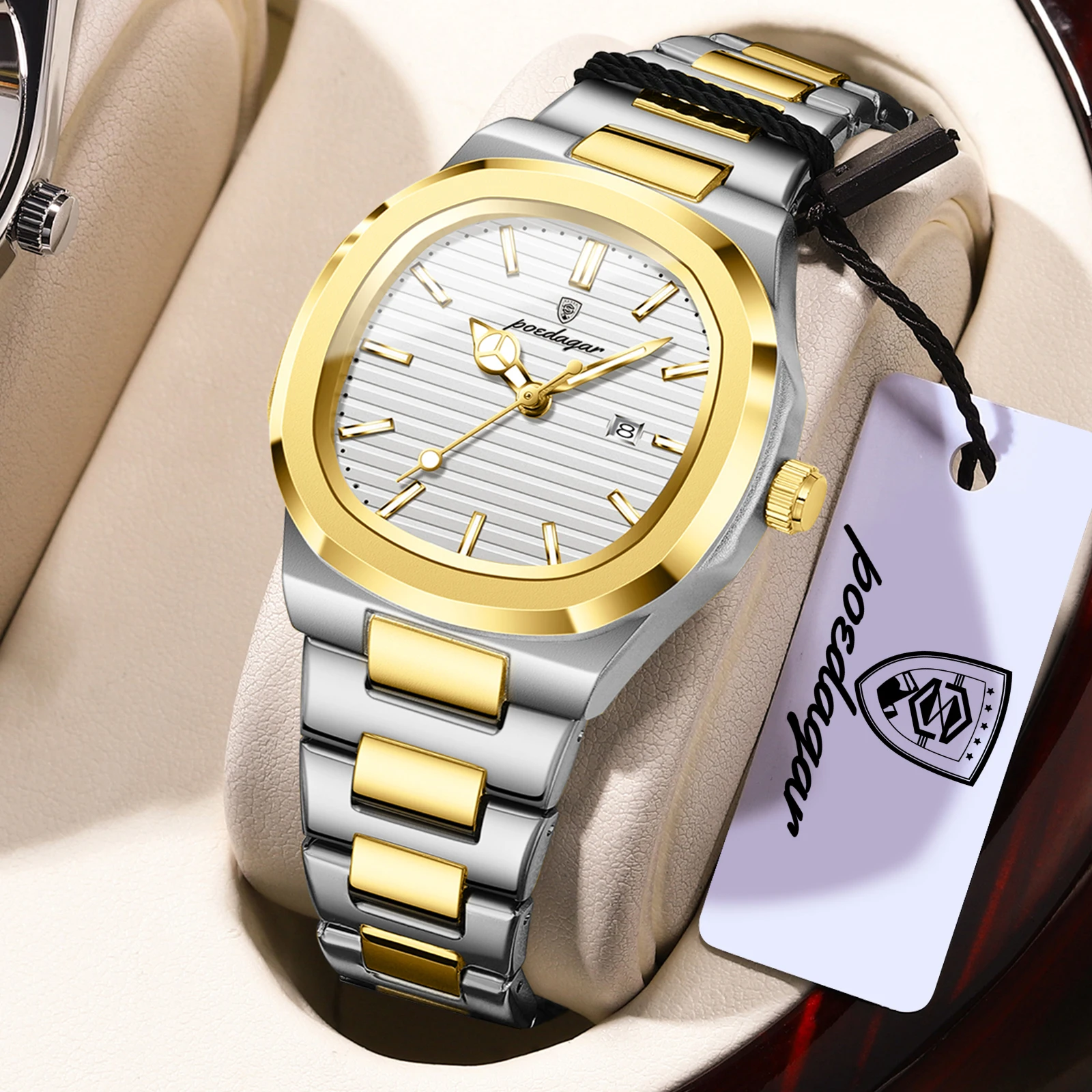 (dourado E Branco) Relógios De Pulso Femininos Requintados Com Movimento De Quartzo, Exibição De Data, Resistentes À Água E Luminosos.