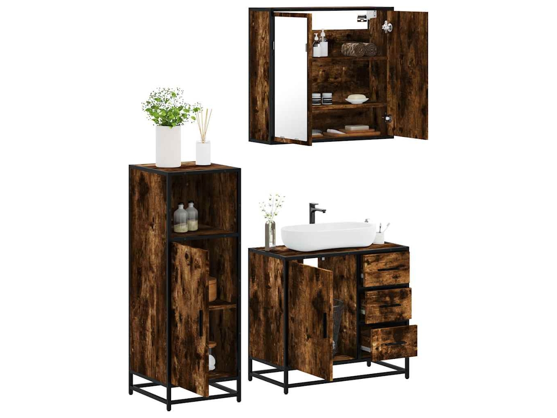 Vidaxl 3 Pcs Conjunto De Móveis Wc Madeira Processada Carvalho Fumado