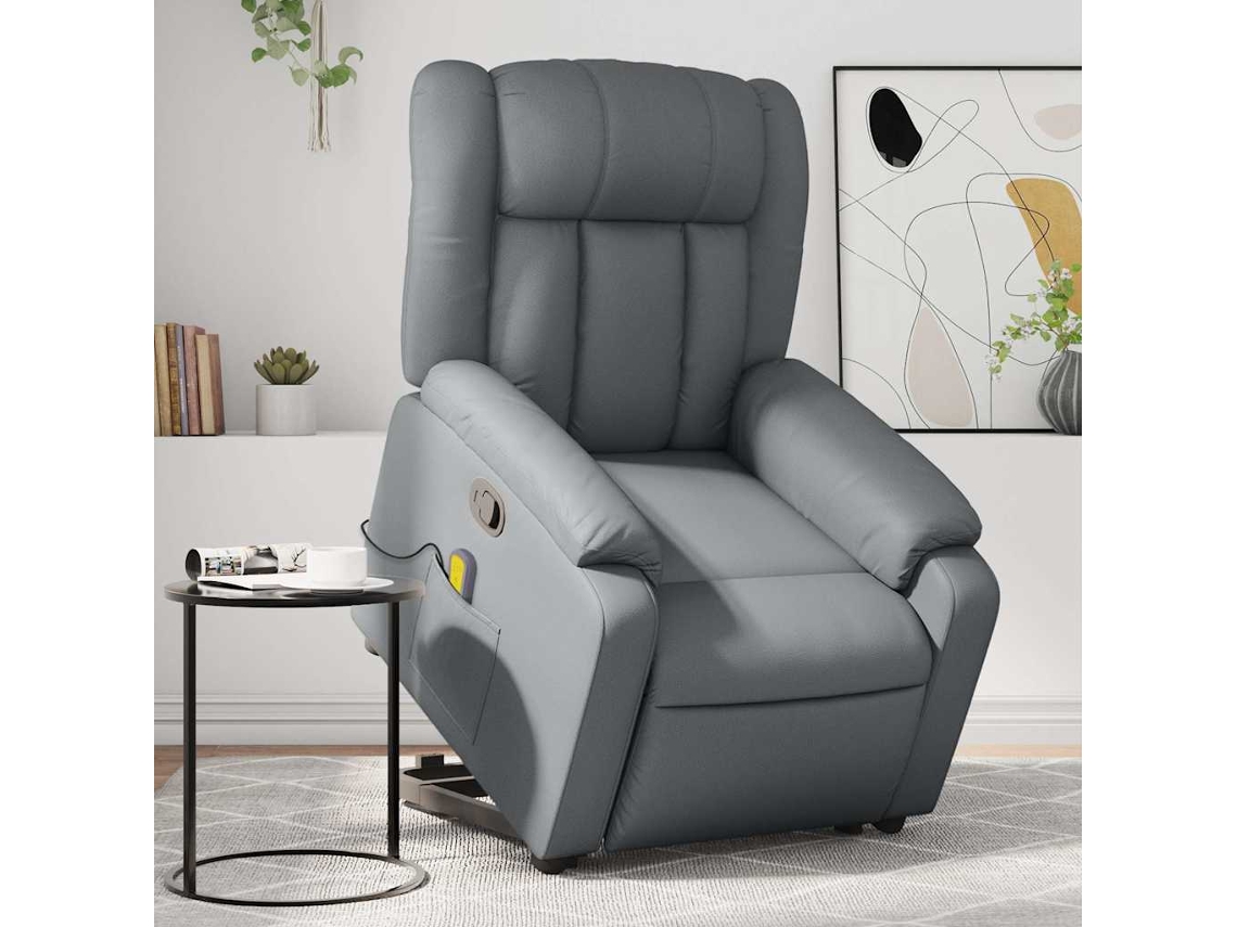 Vidaxl Poltrona Massagens Reclinável Elevatória Couro Artif. Cinzento