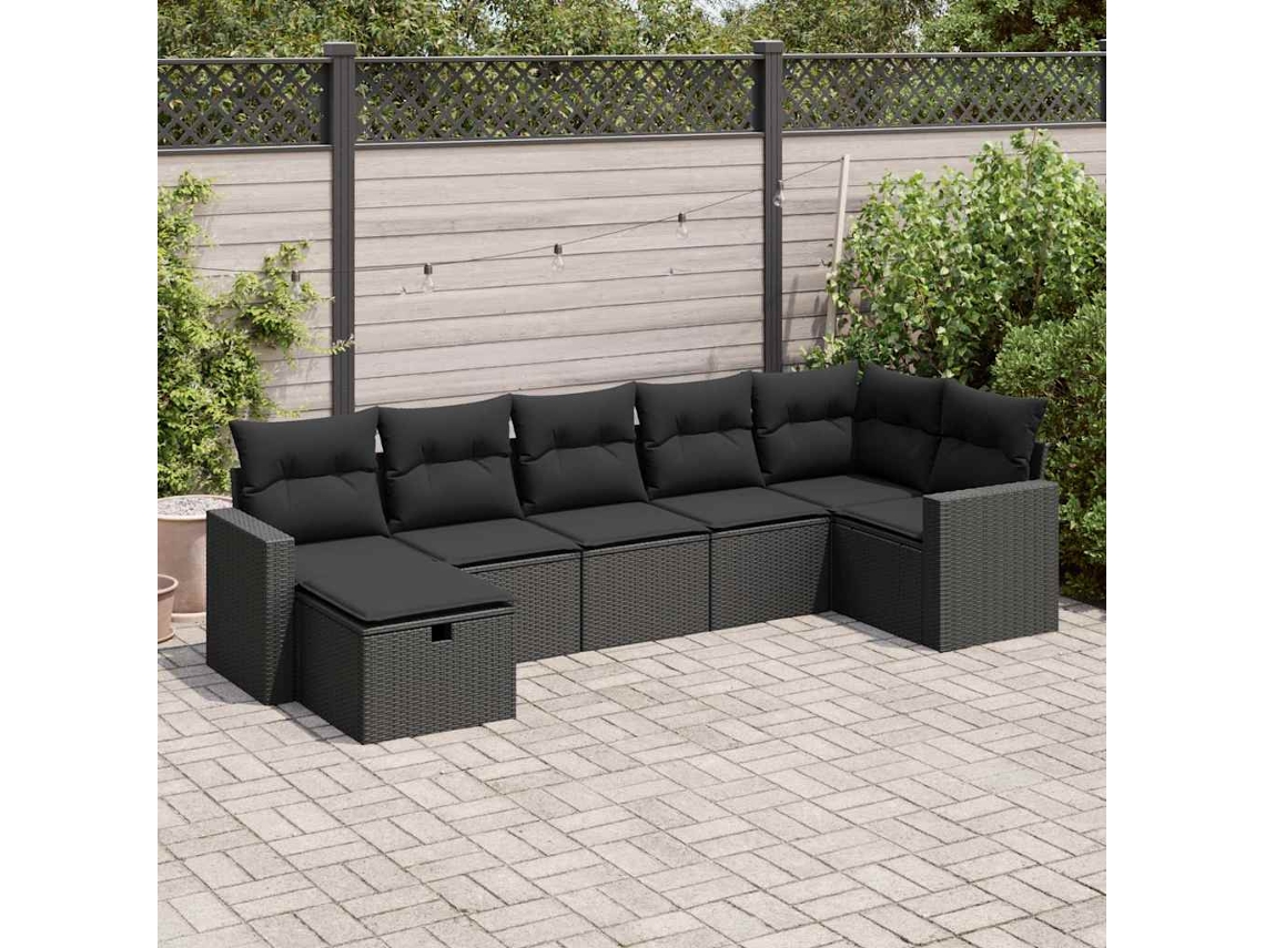Vidaxl 7 Pcs Conjunto De Sofás P/ Jardim C/ Almofadões Vime Pe Preto