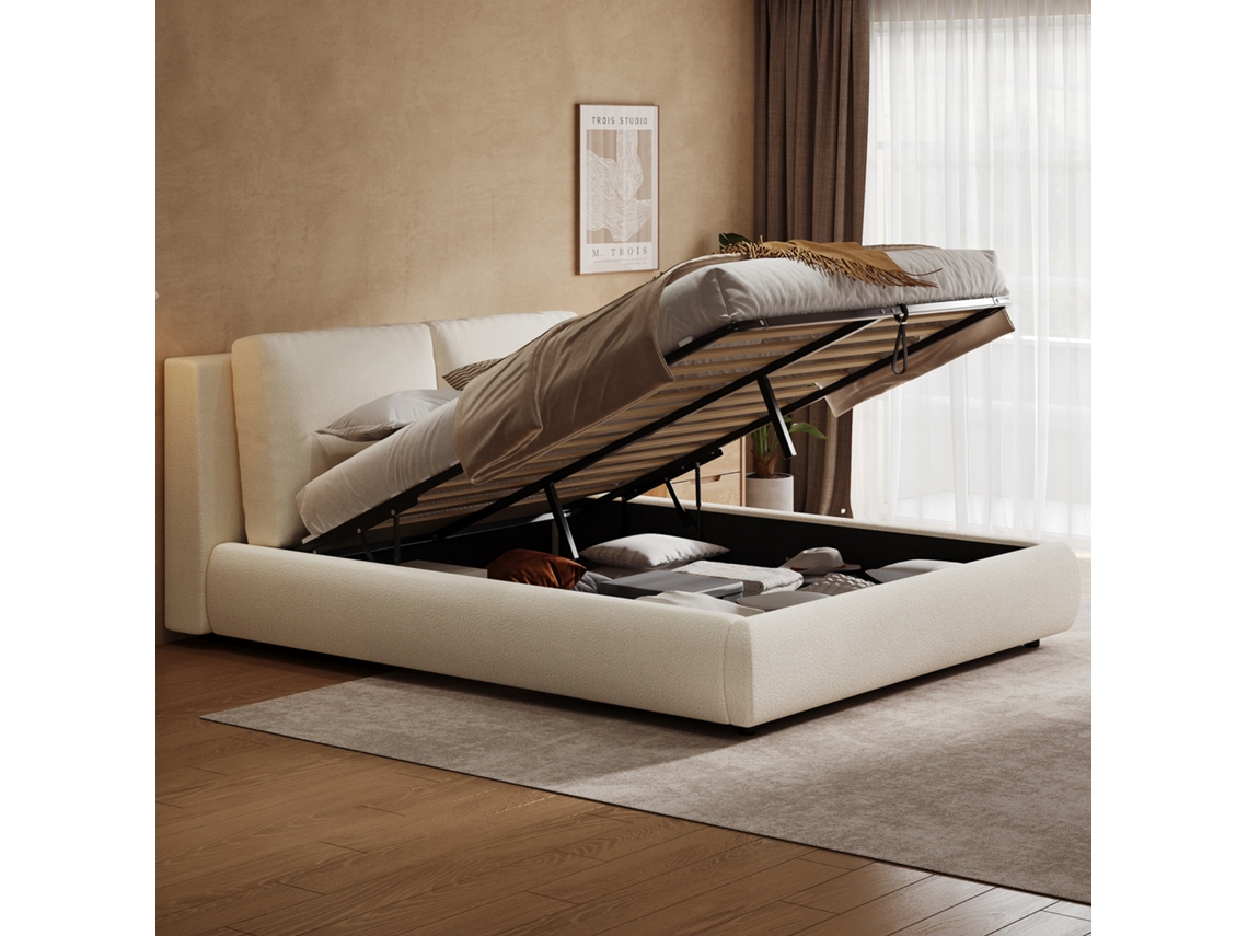 Cama Casal Bege 180x200cm Estofada, Hidráulica, Base Ripas, Cabeceira Armazenamento, Bouclé. -op