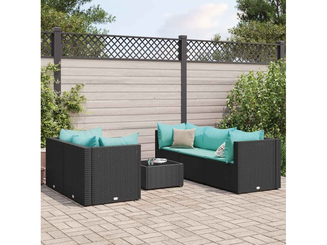 Vidaxl 6 Pcs Conjunto Lounge De Jardim C/ Almofadões Vime Pe Preto