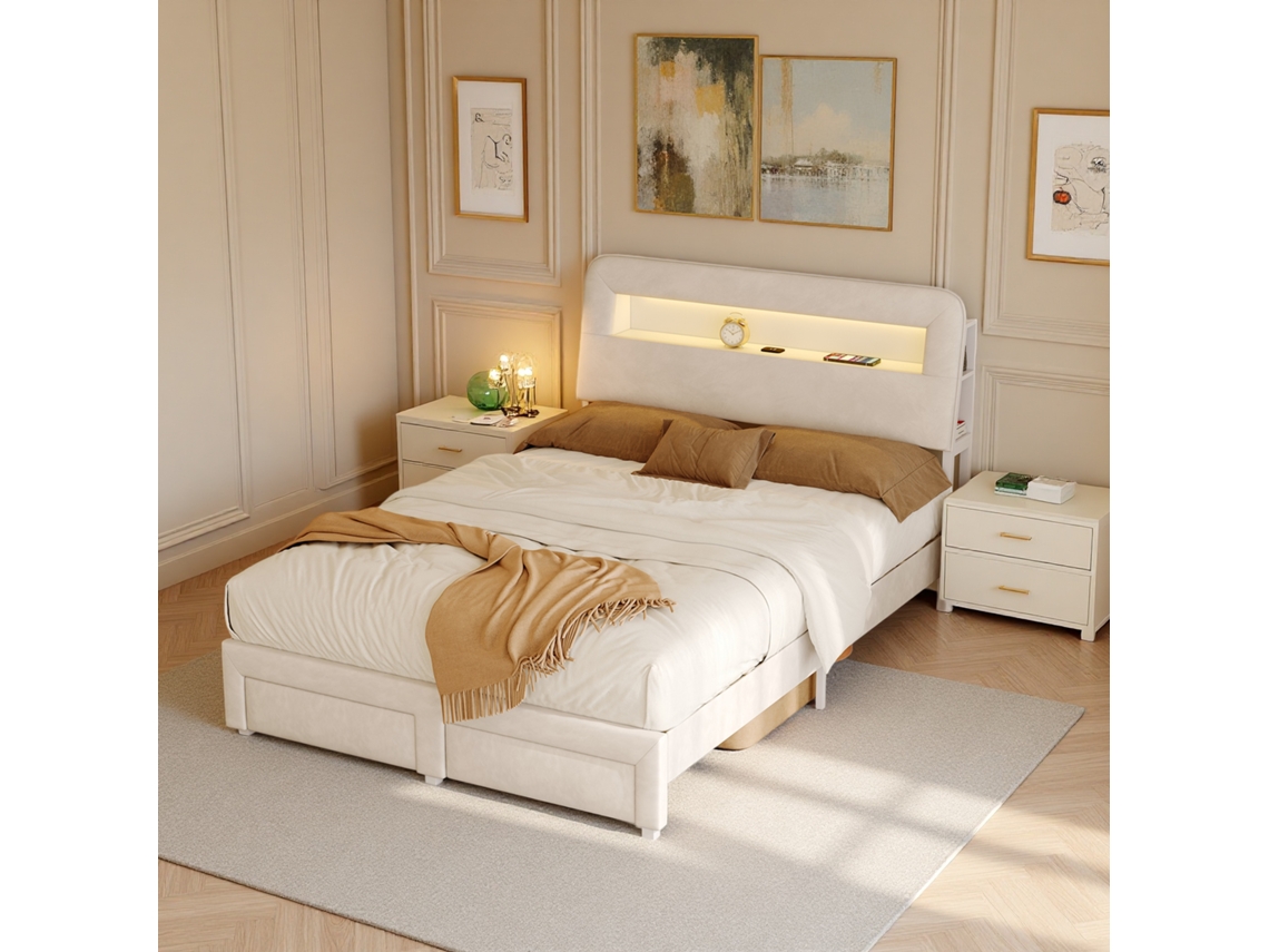 Cama Casal 140x200 Veludo Bege Led Usb Gavetas Compartimentos Cabeceira Luxo Francês Nórdico Inteligente P/ Apto Pequeno