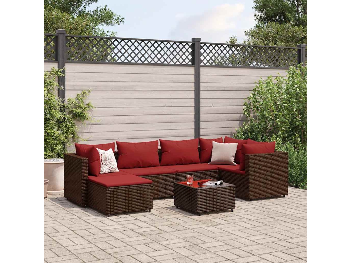 7 Pcs Conjunto Lounge De Jardim C/ Almofadões Vime Pe Marrom Dkd Home Decor