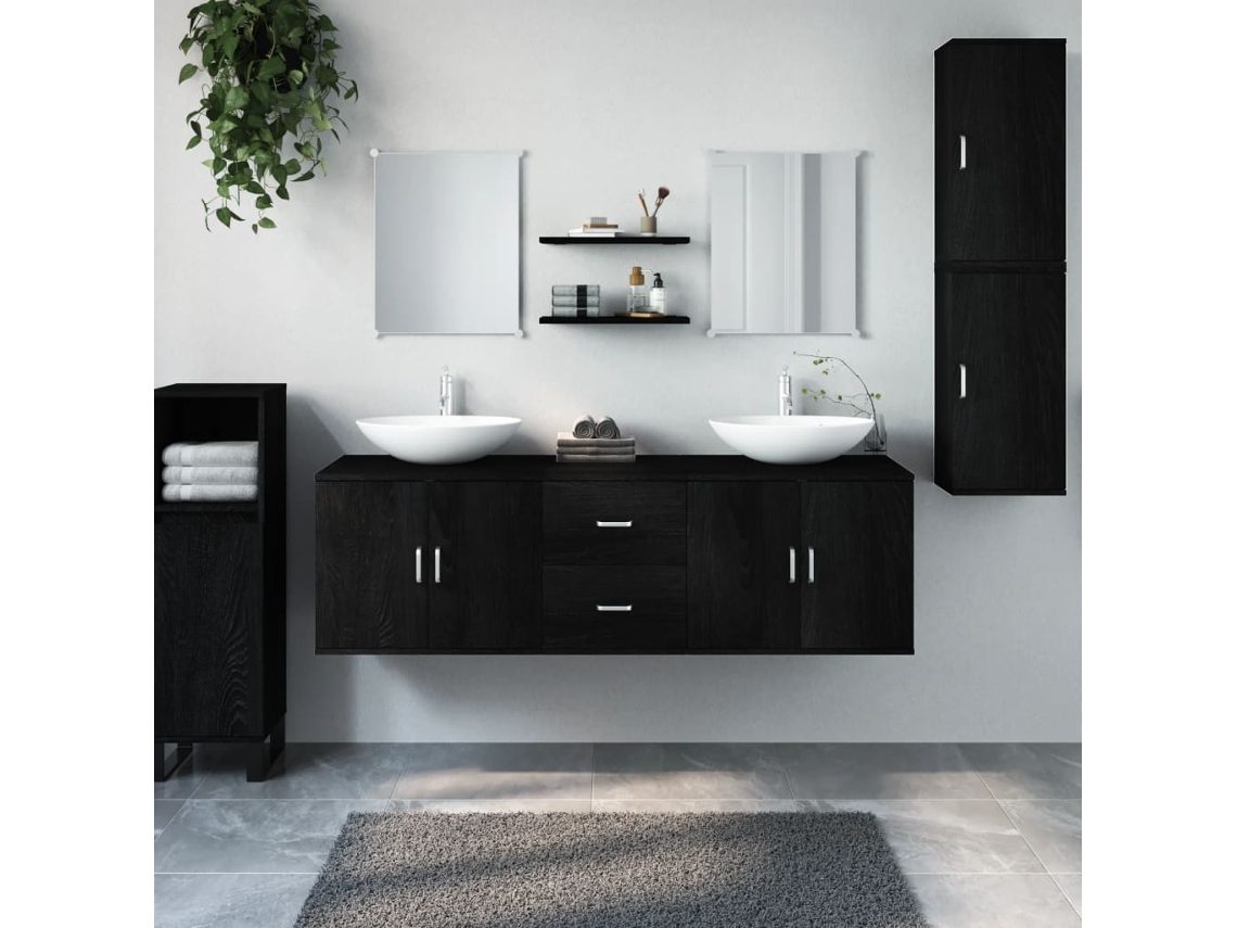 Vidaxl 7 Pcs Conjunto Móveis Casa De Banho Derivados De Madeira Preto