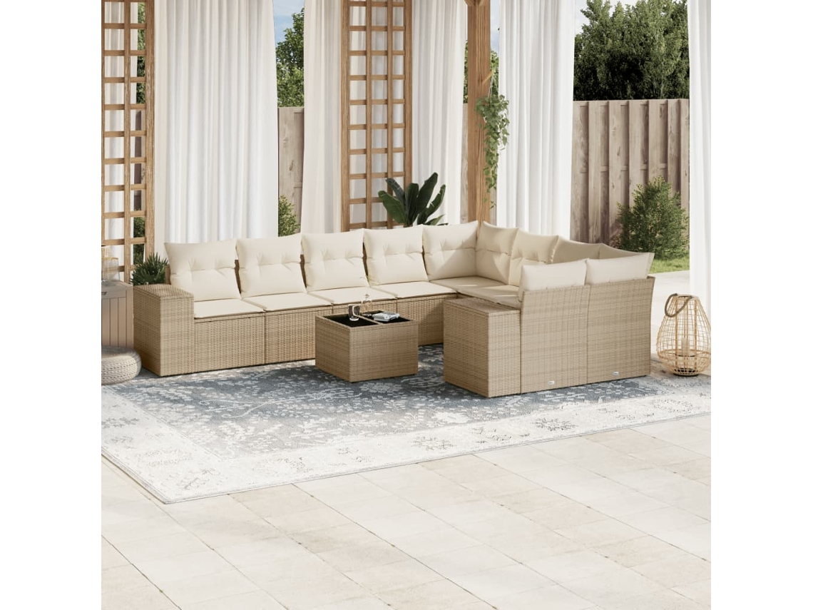 Vidaxl 10 Pcs Conjunto De Sofás P/ Jardim Com Almofadões Vime Pe Bege