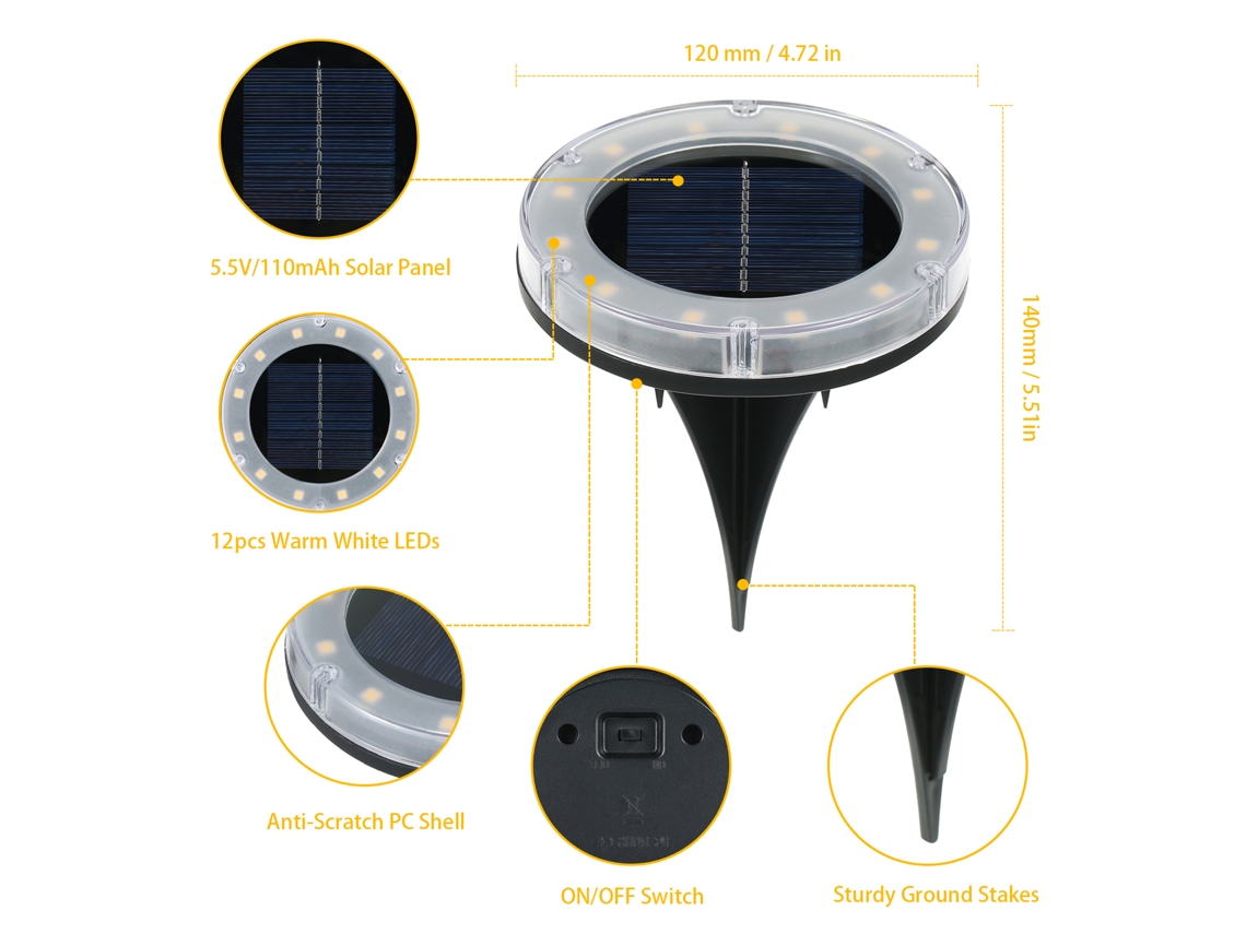 Rebe-lâmpadas Solares De Terra Tomshine 4 Pack Luz Branca Quente 12 Leds Ip65 Resistente À Água Para Jardim Pátio Caminho