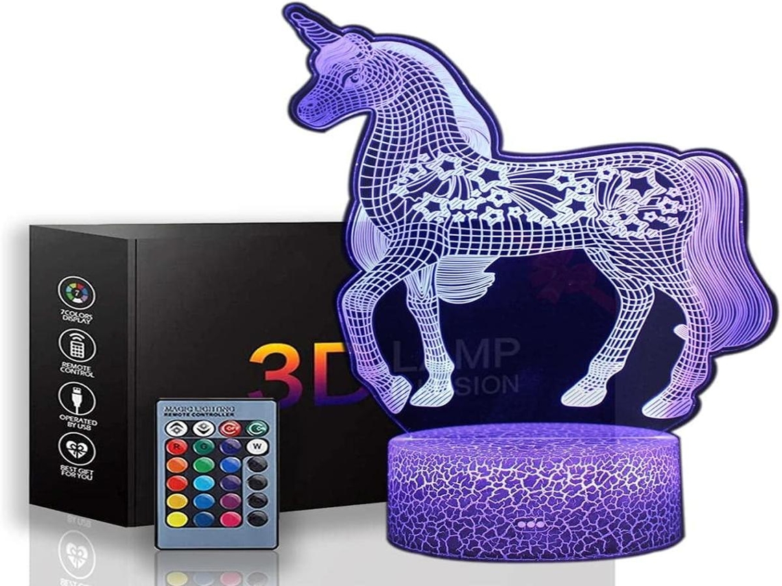 Luminária noturna 3D Lurelia em formato de unicórnio, recarregável via USB, com controle remoto, sensor de toque e iluminação RGB, ideal para quarto infantil e cabeceira de cama.