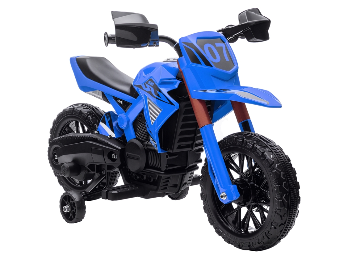 Motocicleta elétrica infantil +3 anos com rodas auxiliares e buzina 12V, carga 30 kg AZUL