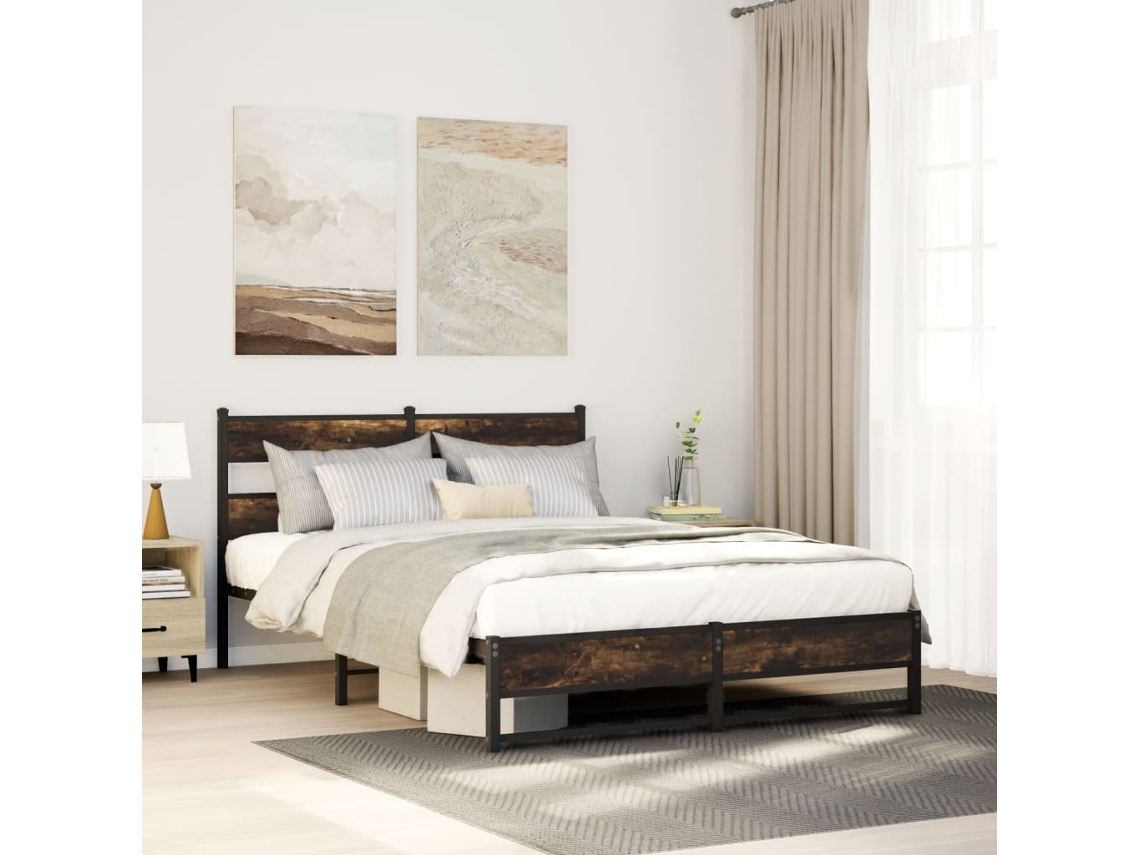 Vidaxl Estrutura De Cama Sem Colchão 150x200 Cm Metal Carvalho Fumado
