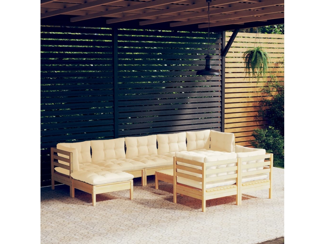 Conjunto 10 Peças Lounge Jardim C/ Almofadões Creme Pinho Maciço Dkd Home Decor