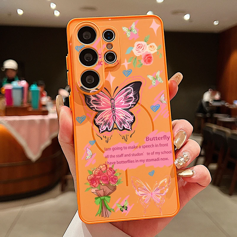 Capa Magnética Laranja Para Celular Samsung Galaxy A16 5g Com Estampa De Borboleta.