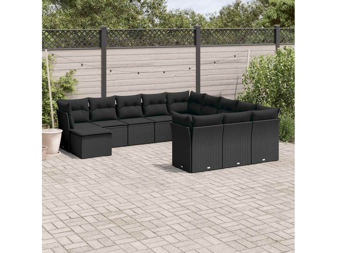 Vidaxl 12 Pcs Conjunto De Sofás De Jardim C/ Almofadões Vime Pe Preto