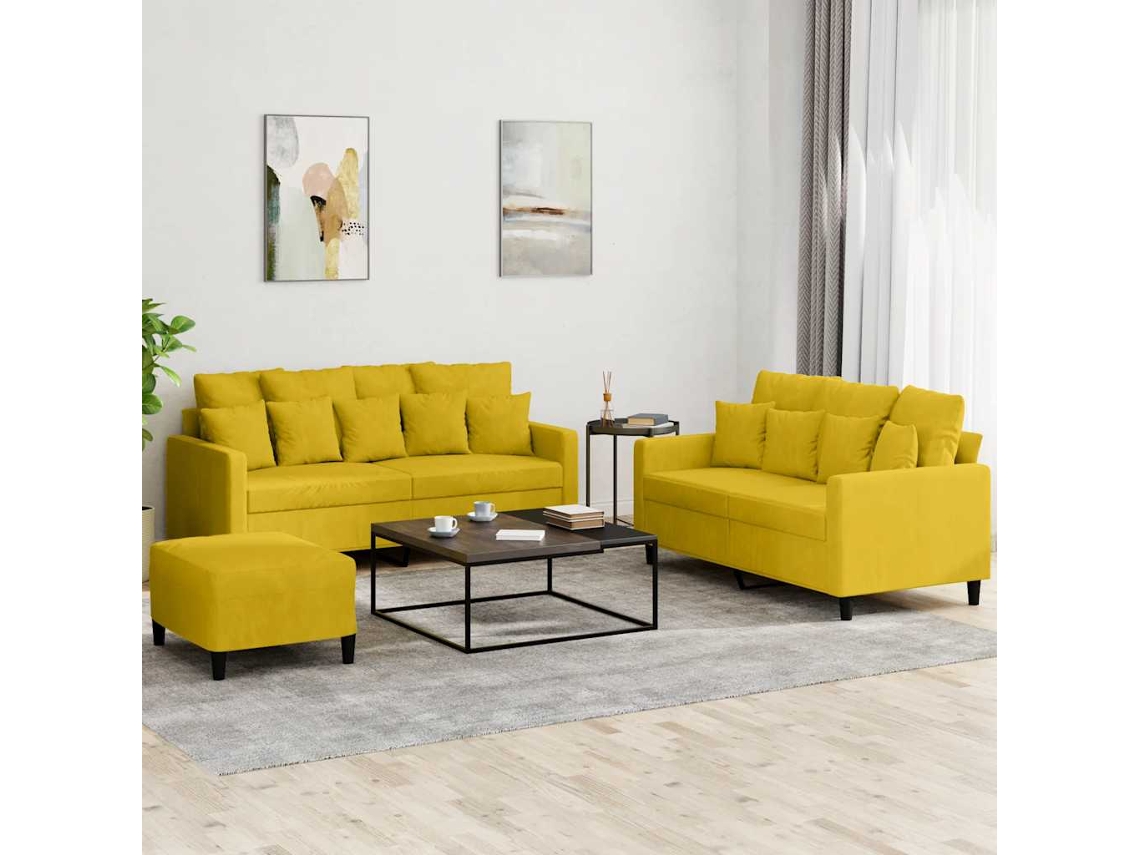 Vidaxl 3 Pcs Conjunto De Sofás Com Almofadões Veludo Amarelo