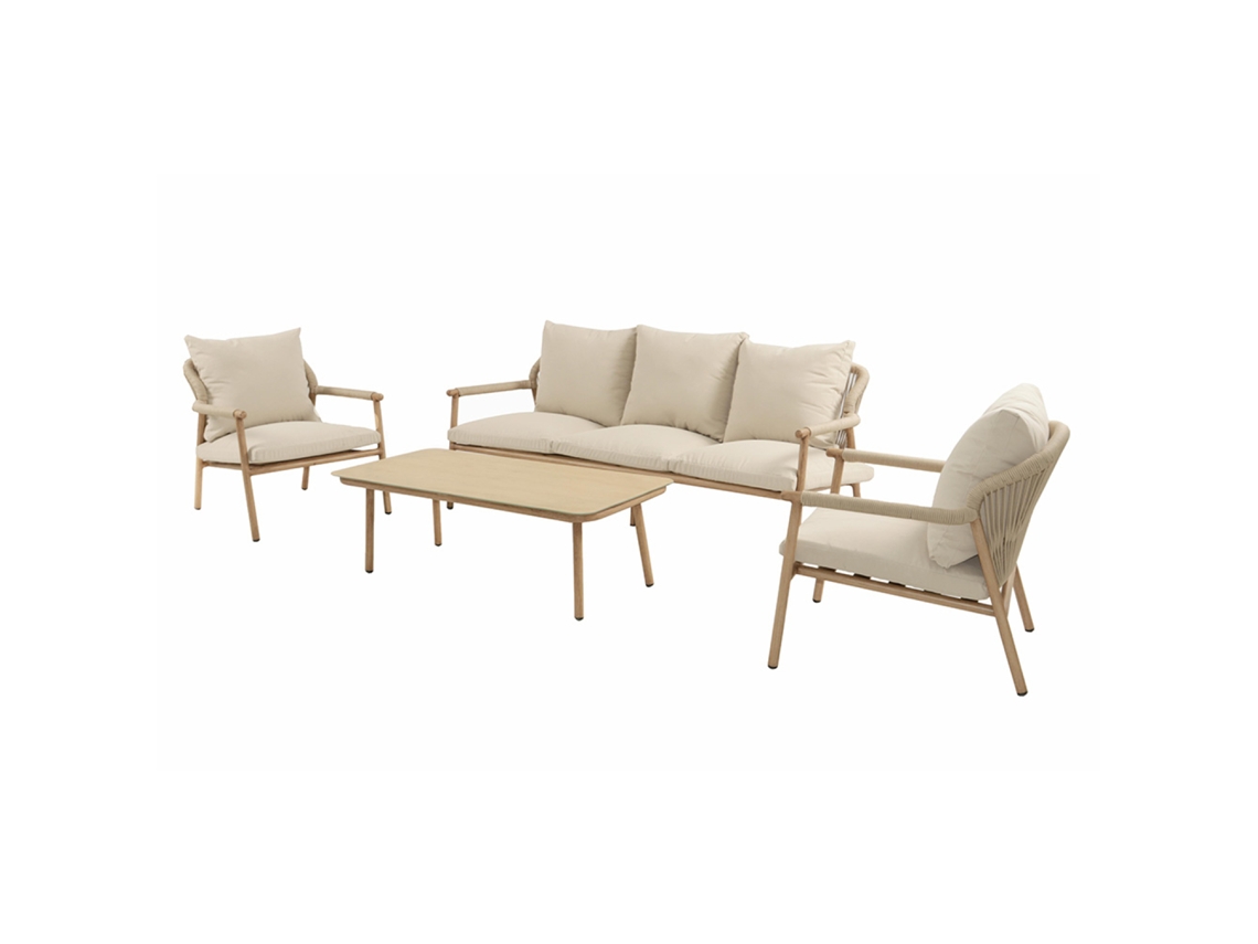 Guarda conjunto de jardim de 5 lugares com efeito de madeira e corda trançada + mesa baixa CONCEPT U