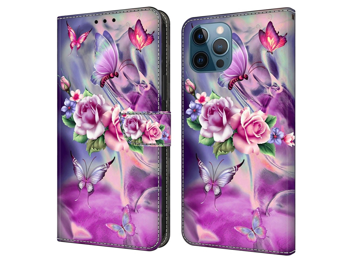 Capa Borboletas Flores Para Iphone 15 Pro Pele Sintética