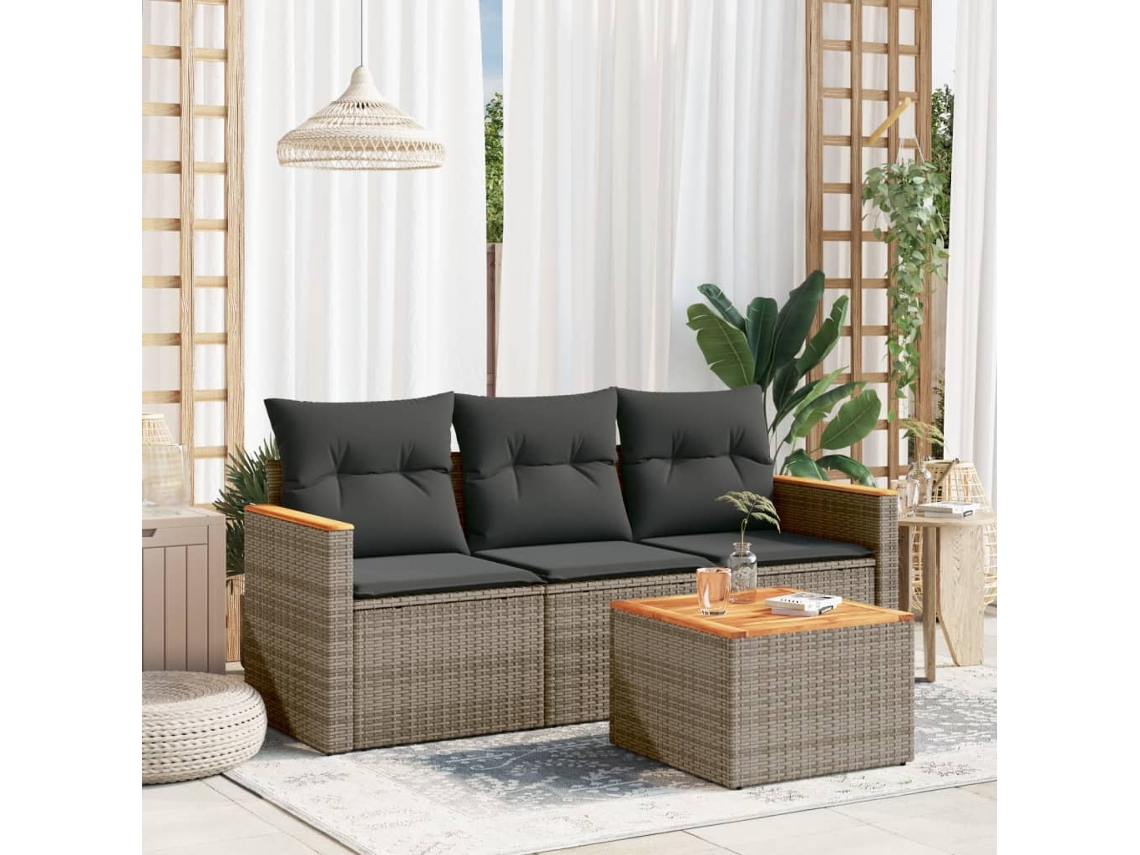 Vidaxl 4 Pcs Conjunto Sofás De Jardim C/ Almofadões Vime Pe Cinzento