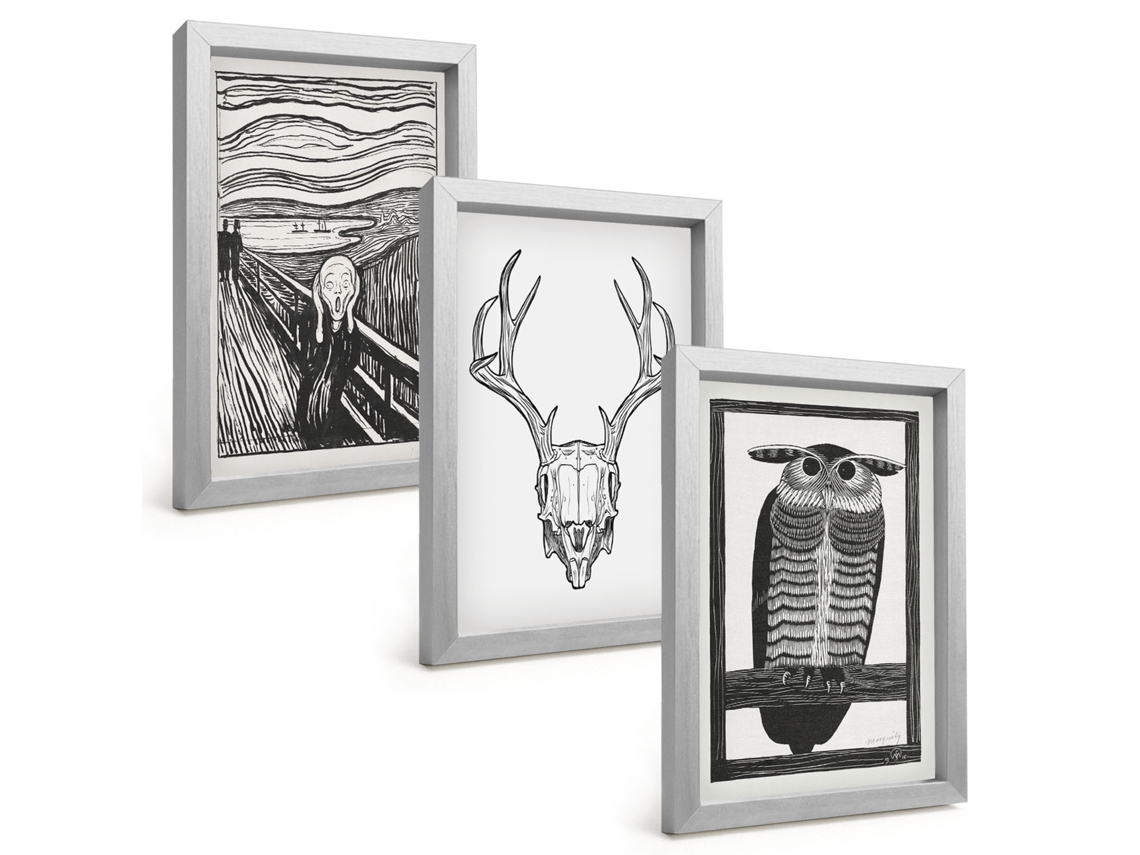 Composição De Quadroscaveira Gritando, Coruja, Gráficos Moldura Prateada Imagens Para Um Quarto Infantil Espelharte (3 Peças 20x30 Cm)