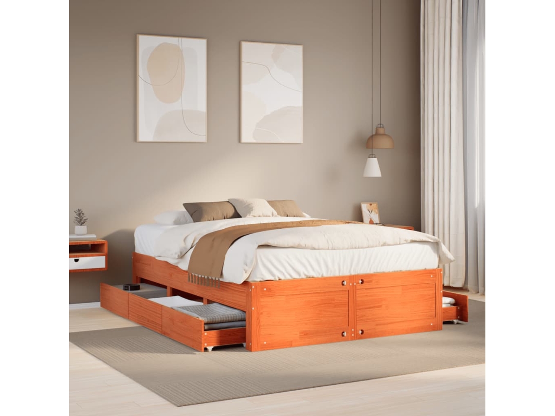 Cama Sem Colchão Com Gavetas Pinho Maciço Castanho-mel