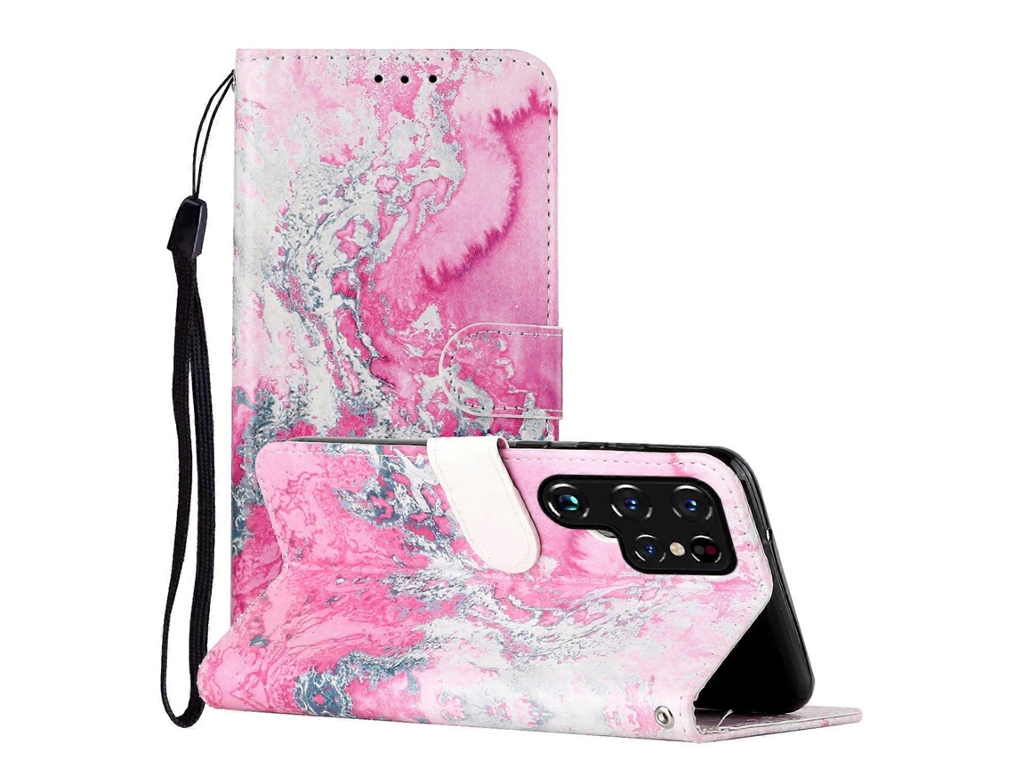 Capa De Couro Pu Com Padrão De Mármore E Desenho Colorido Para Samsung Galaxy S22 Ultra 5g
