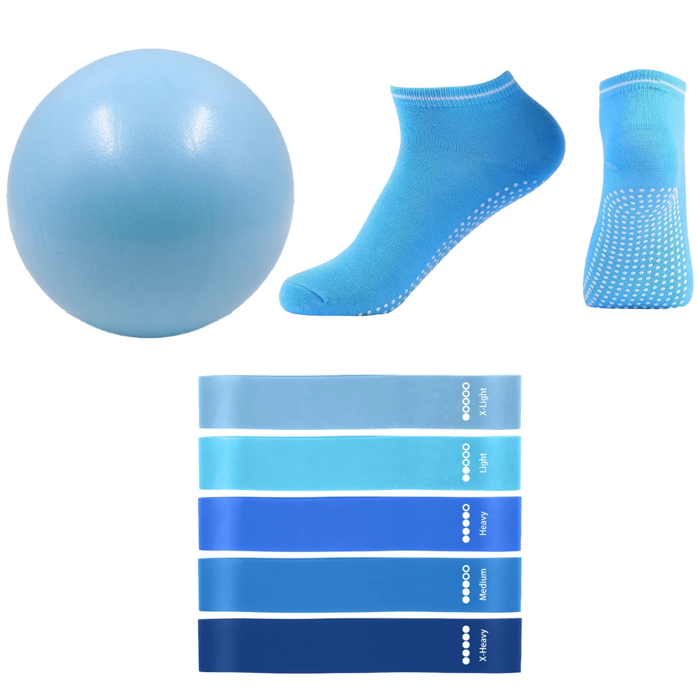 (azul) Conjunto De Resistência Para Pilates Com Bola, Faixa Elástica Circular, Bola De Ioga E Meias Antiderrapantes