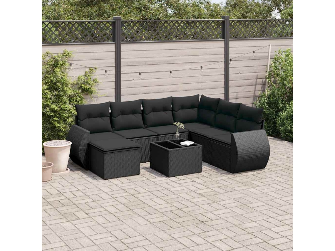 Vidaxl 8 Pcs Conjunto Sofás De Jardim Com Almofadões Vime Pe Preto