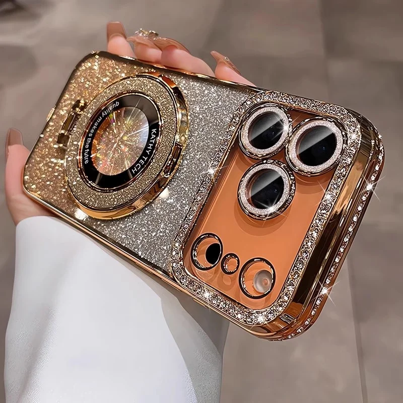 Capa Para Celular Com Suporte Magnético E Detalhes Em Strass (laranja Para Iphone 17 Pro)