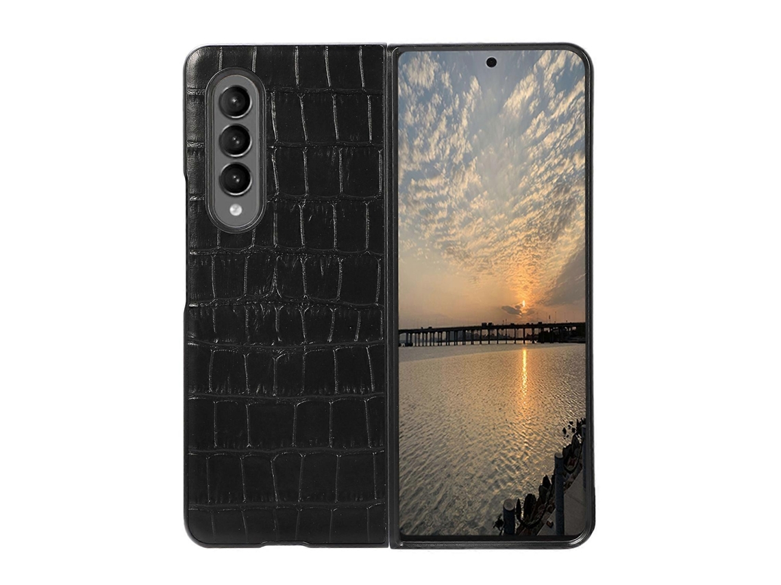 Capa Protetora De Poliuretano Com Textura De Crocodilo À Prova De Choque Para Samsung Galaxy Z Fold3 5g (preta)