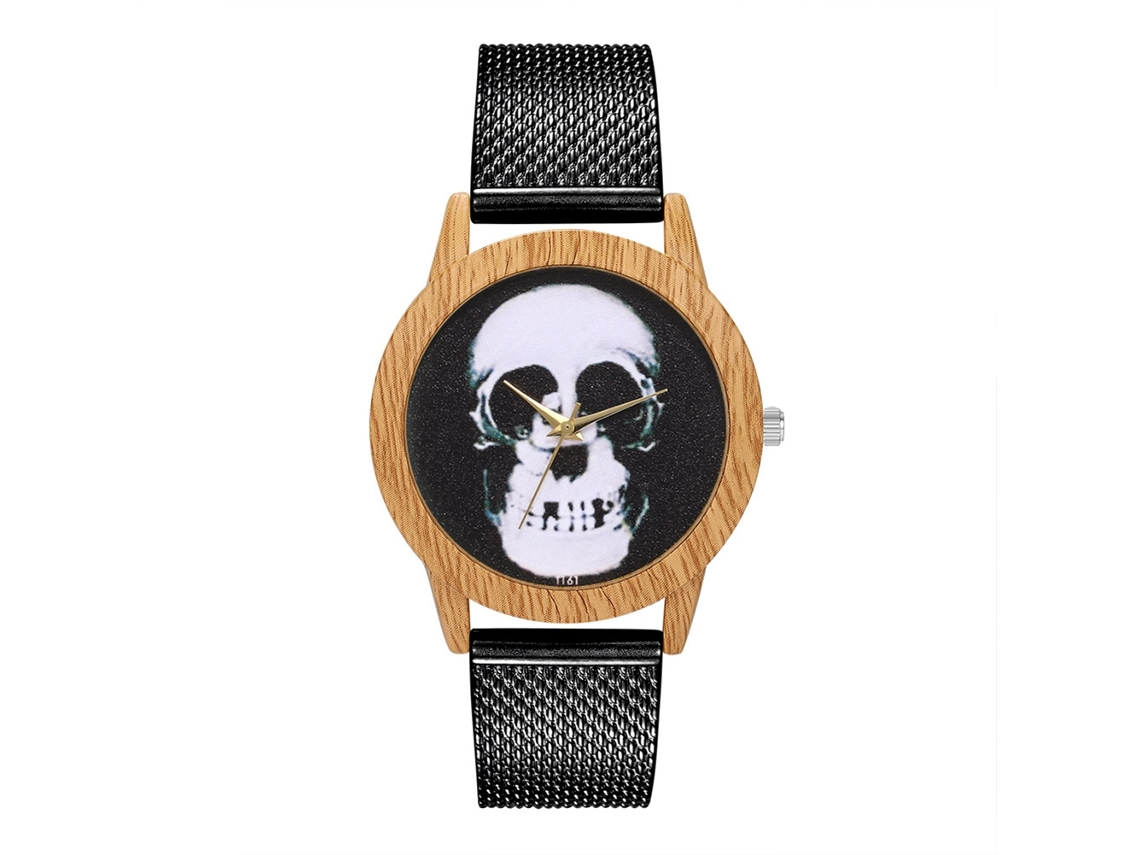 Relógio de quartzo com pulseira de malha de silicone, estampa de esqueleto humano para meninos e meninas (preto)