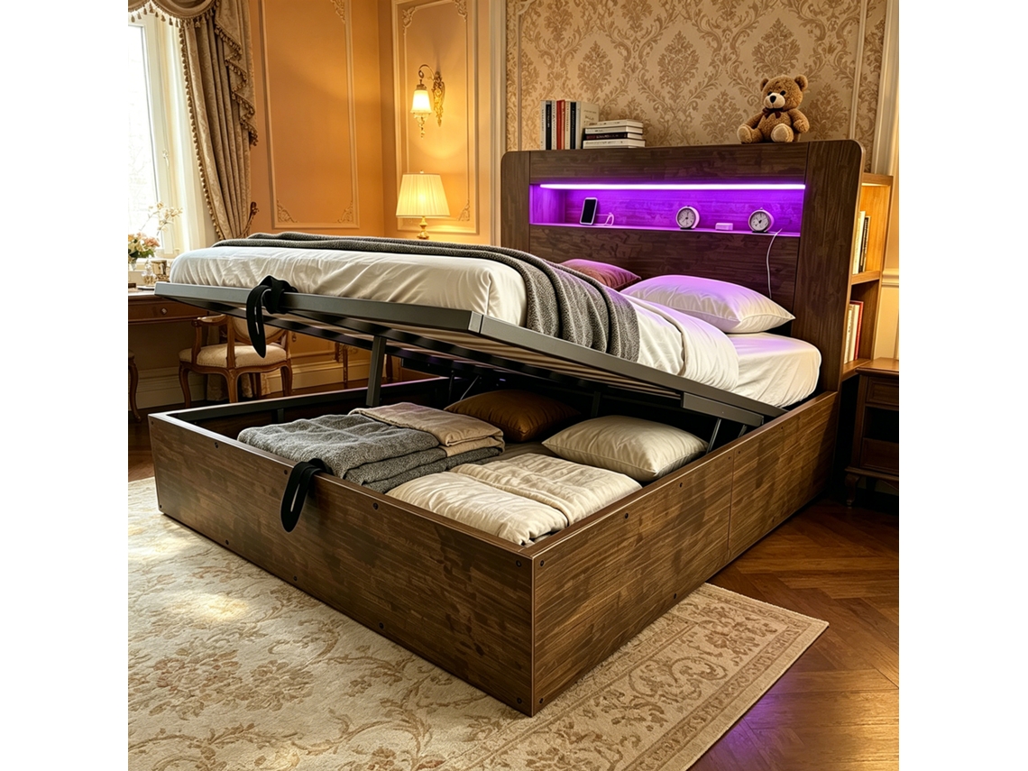 Cama de Plataforma 140x200 Espaço de Arrumação, Sistema Hidráulico, Luzes Led na Cabeceira, Tomadas Integradas Madeira Vintage NOVELA