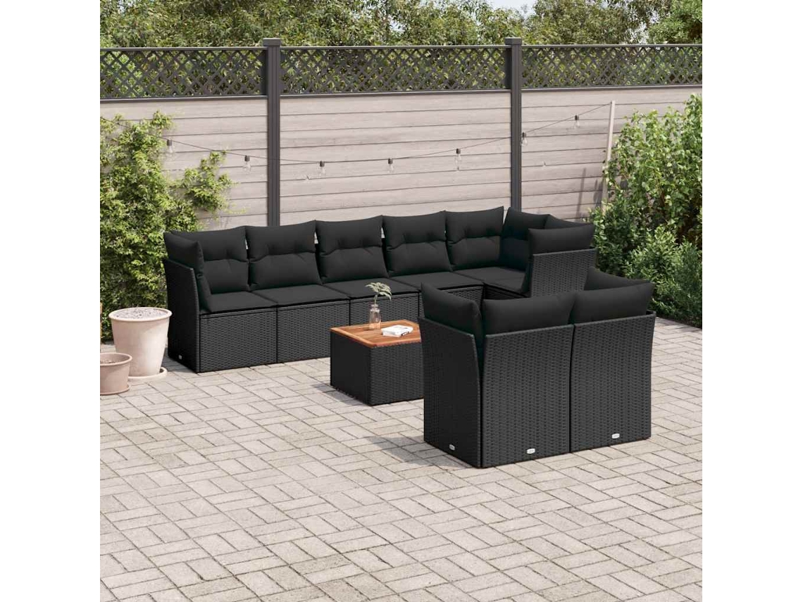Vidaxl 9 Pcs Conjunto De Sofás P/ Jardim C/ Almofadões Vime Pe Preto