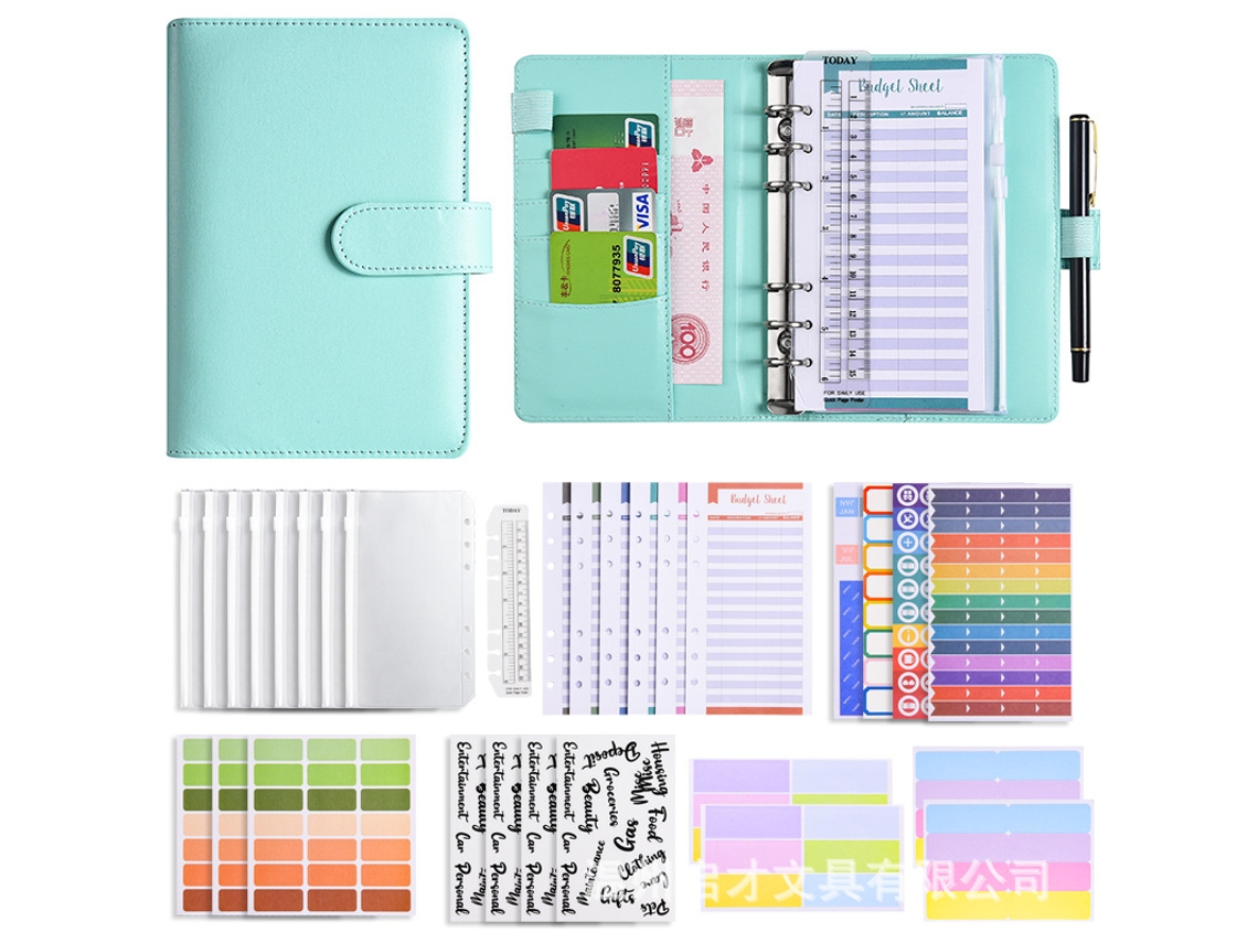 A6 Binder Cash Budget Planner Pu Leather Macaron Green Deluxe Gift Set With 12-budget Cards, 8-zipper Bags, Stickers
