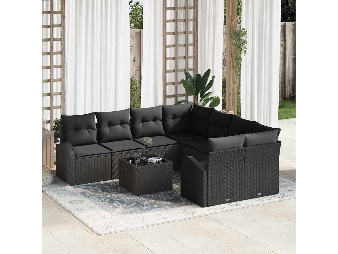 Vidaxl Conjunto De Sofás Com Almofada 9 Pcs Preto Vime Pe